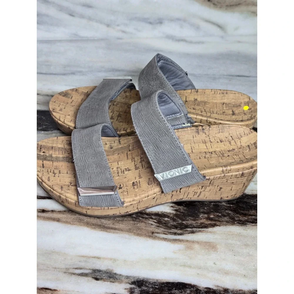 Vionic Pepper Ruched Grey Wedge Slide Sandals Orthotic Comfort Straps Womens‎ 9